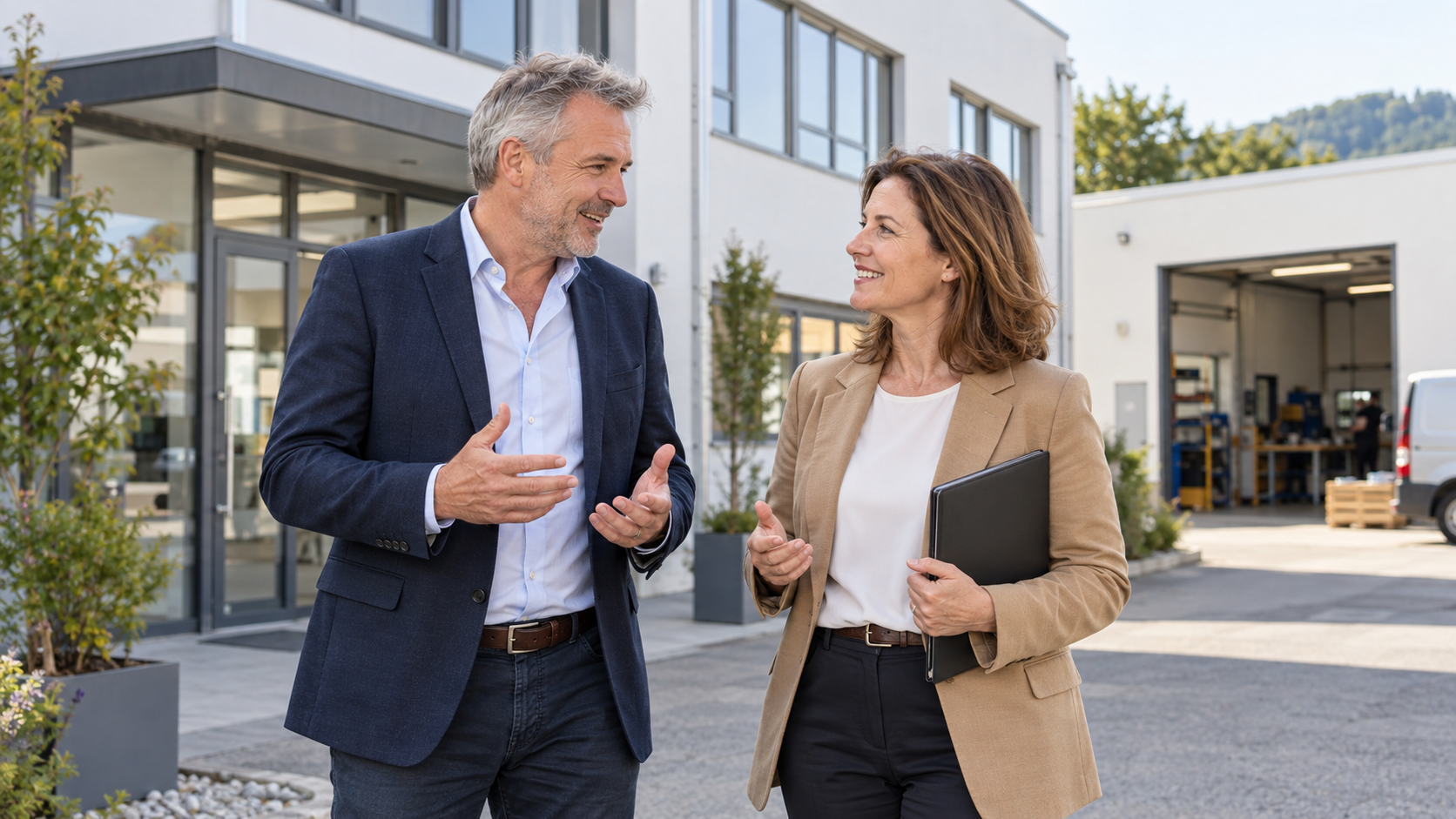 Unternehmer und Eigentümerin im Gespräch vor einer Gewerbeimmobilie