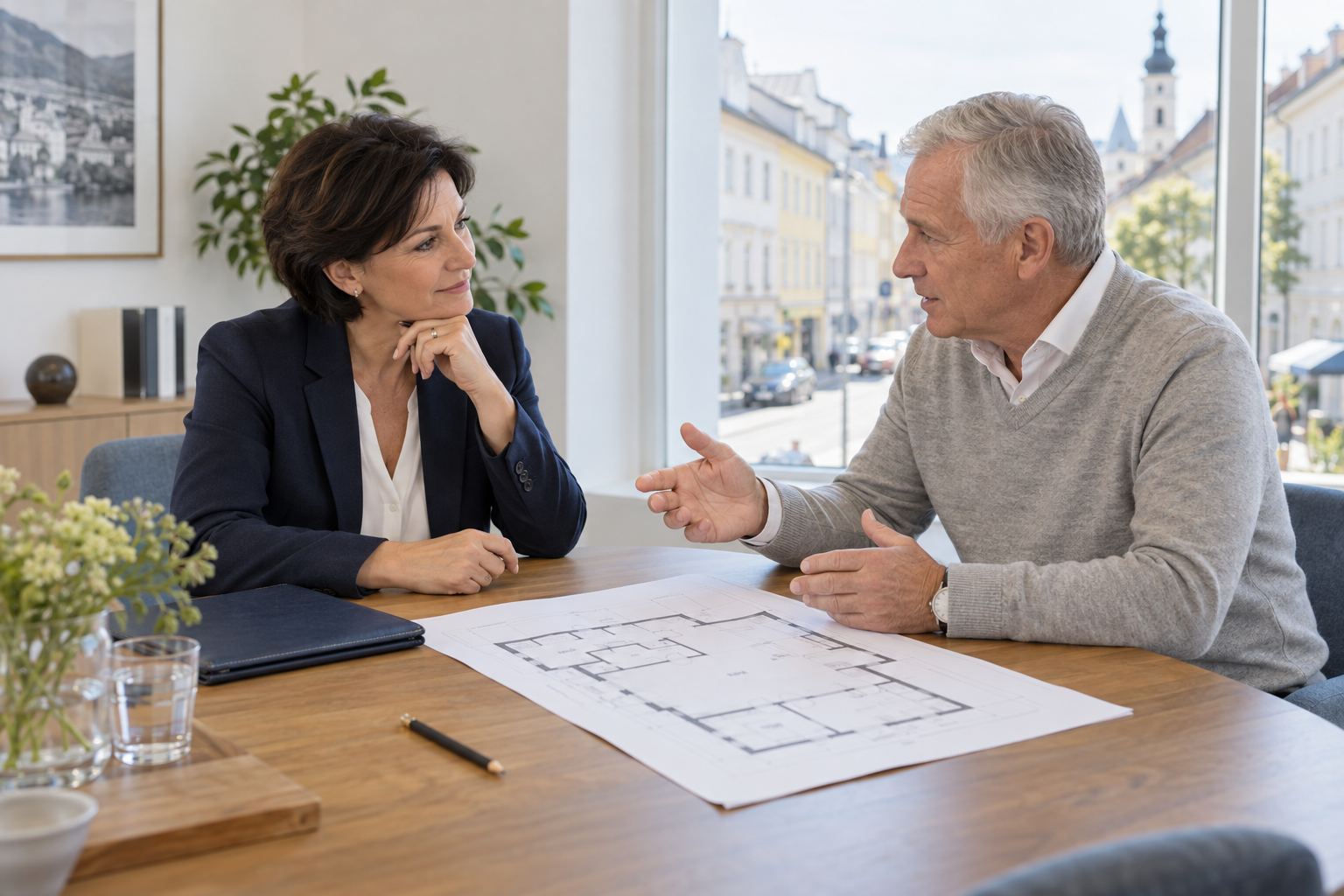 Gespräch über einen Immobiliengrundriss in einem hellen Büro